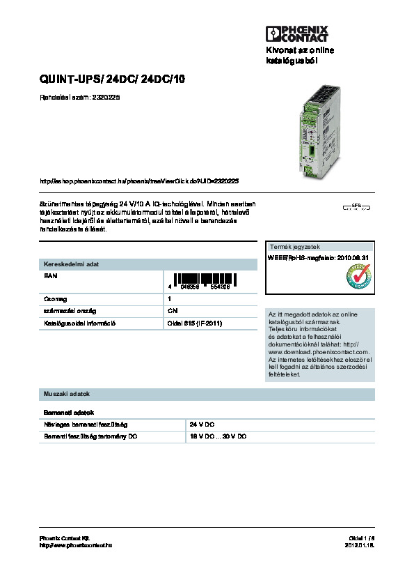 10 A-es szünetmentes Quint IQ adatlapja