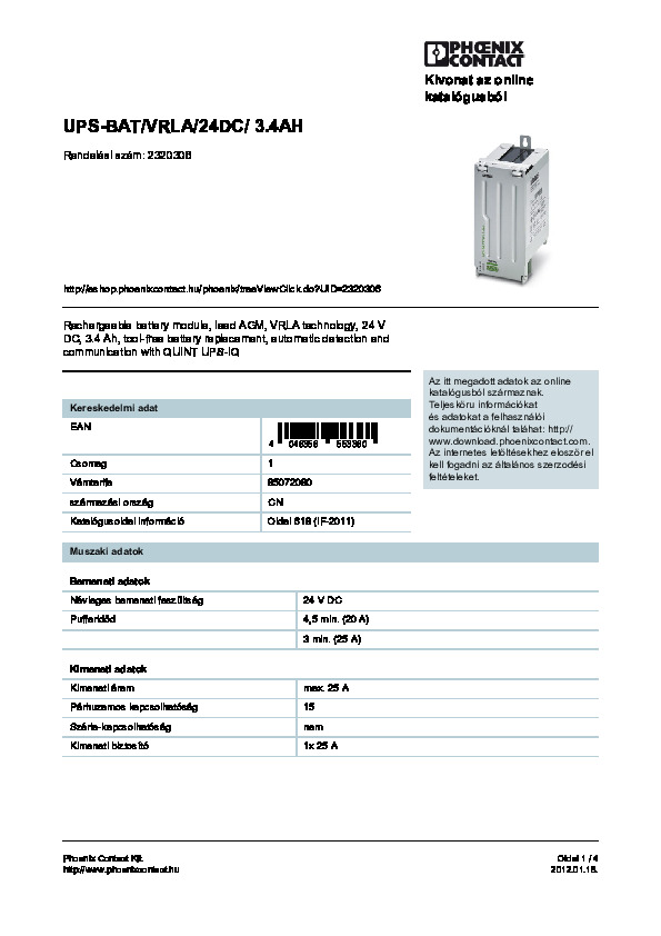 3,4 Ah-s akkumulátoregység adatlapja