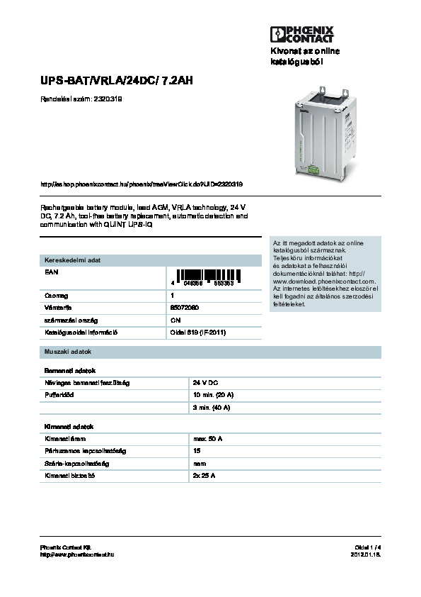 7,2 Ah-s akkumulátoregység adatlapja