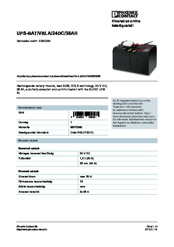 38 Ah-s akkumulátoregység adatlapja