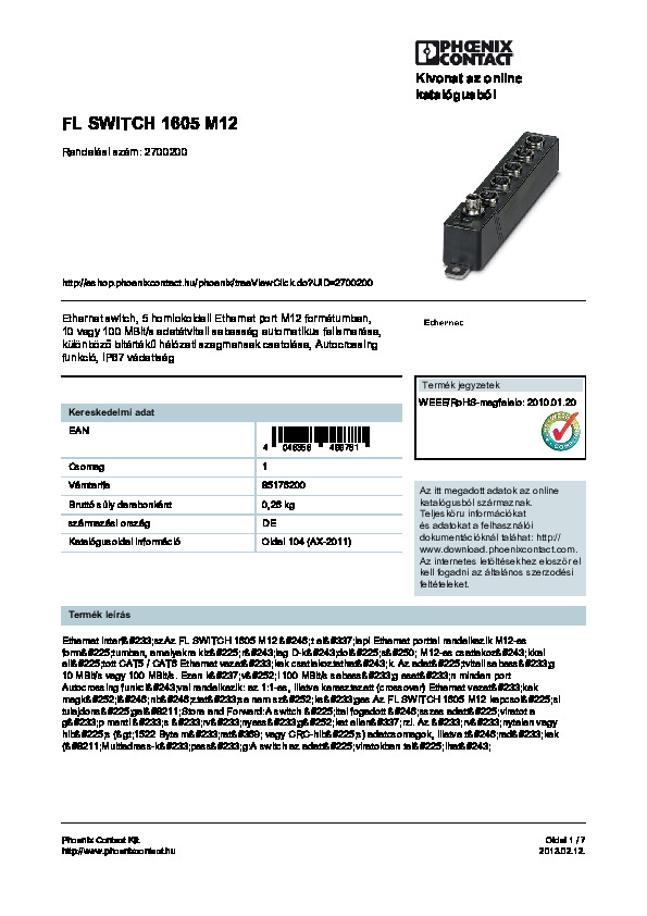 5 portos IP67-es switch adatlapja