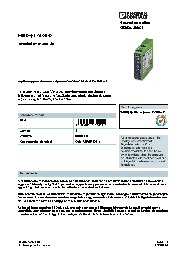 EMD felügyeleti relé adatlapja