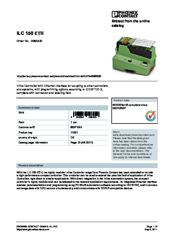 ILC 150 vezérlő adatlapja
