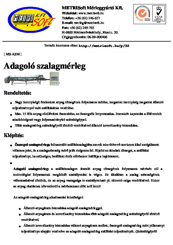 Metrisoft adagoló mérleg adatlapja