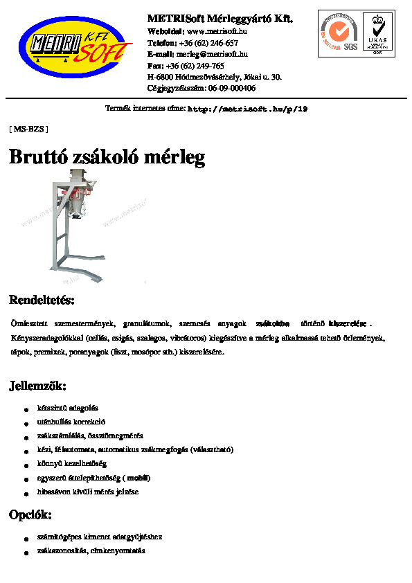 Bruttó zsáktöltő adatlapja