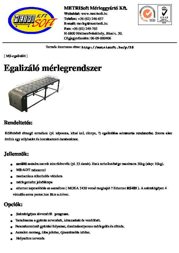 Egalizáló mérlegrendszer adatlapja