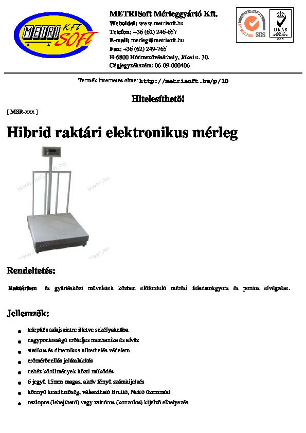 Raktári mérleg adatlapja
