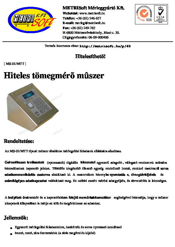 Hiteles tömegmérő műszer adatlapja