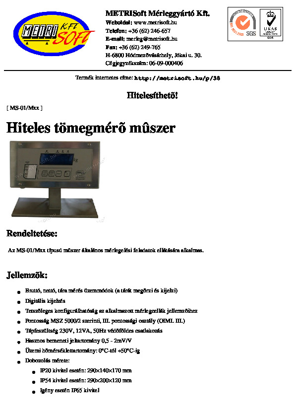 MS-02-Mxx mérőműszer adatlapja
