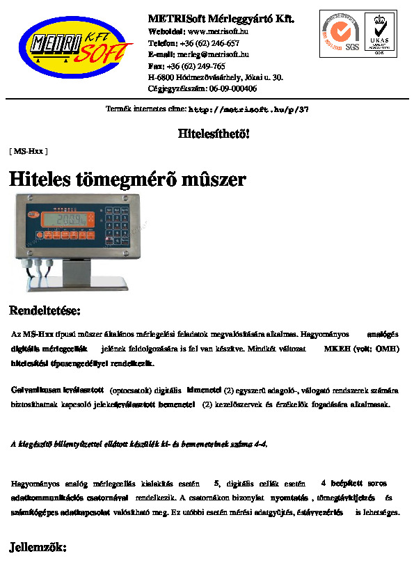 MS-Hxx mérőműszer adatlapja