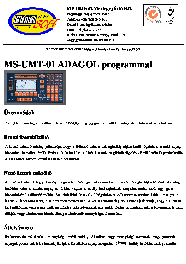 Adagolásvezérlő műszer adatlapja