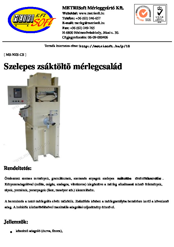 Szelepes zsáktöltő mérlegcsalád adatlapja