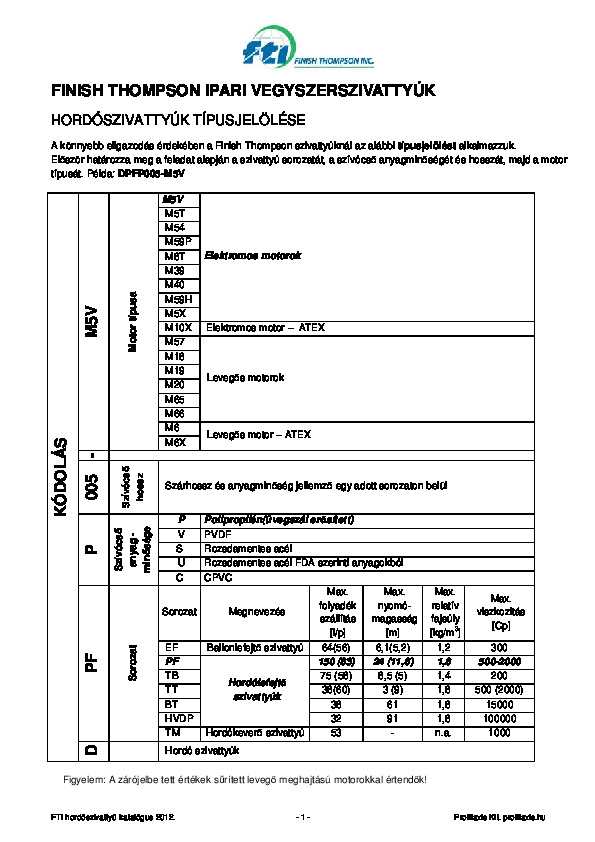 FTI hordószivattyúk műszaki katalógus