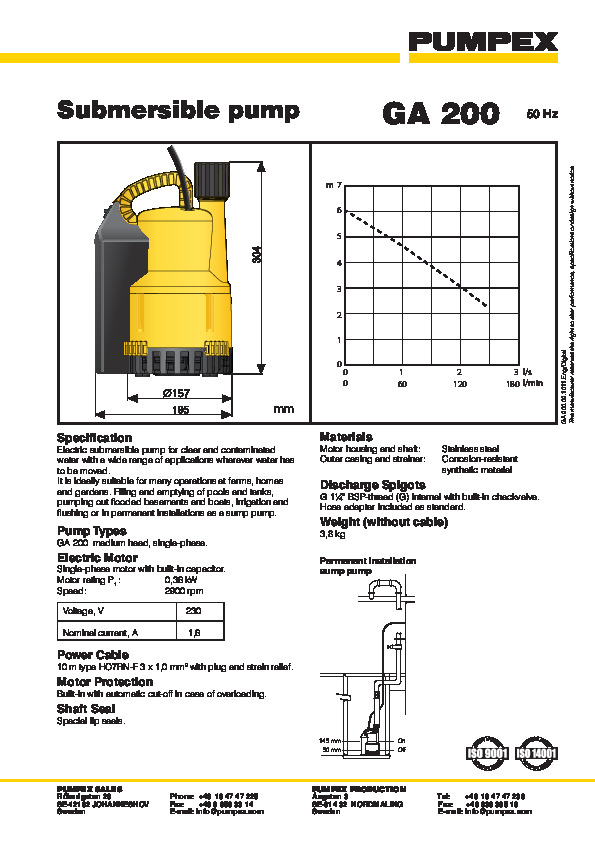 Pumpex GA 200 zagyszivattyú műszaki adatlap