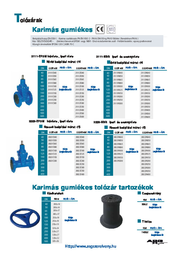 Tolózár - Karimás gumiékes tolózár 2111-EPDM Ivóvízre, ipari vízre katalógus