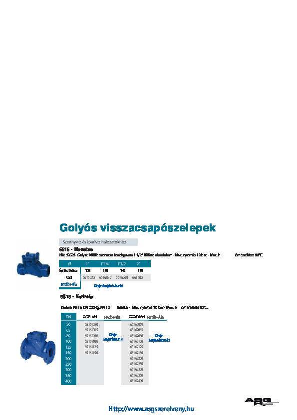 Golyós visszacsapószelep katalógus