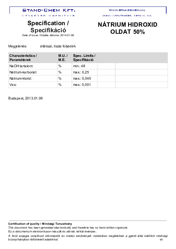 Specification NaOH 50%